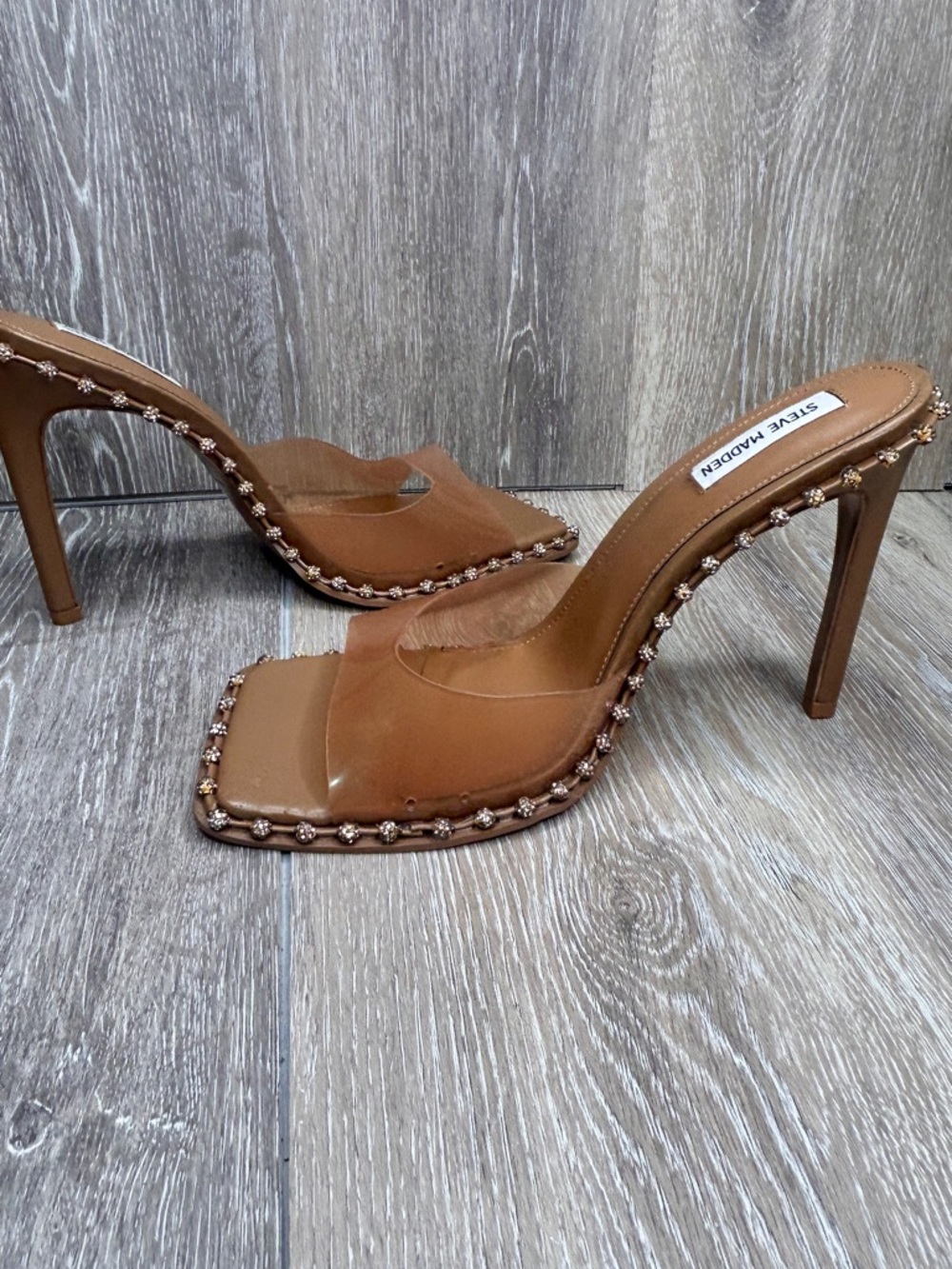Steve Madden Clear Strap Studded Heels – Nude Tan – Size 11M - Picture 5 of 10